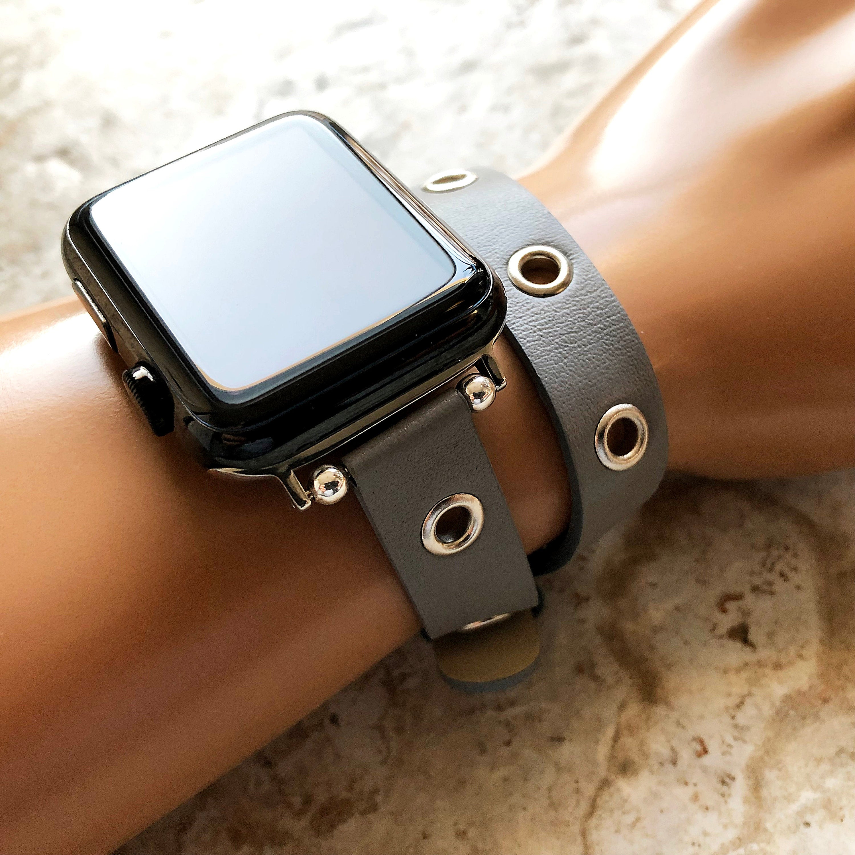 Apple Gray Double Wrap Band for iWatch All Series 38mm 40mm 41mm 42mm 44mm 45mm 49mm Case Twice Around Wrist Leather Bracelet Straps GM